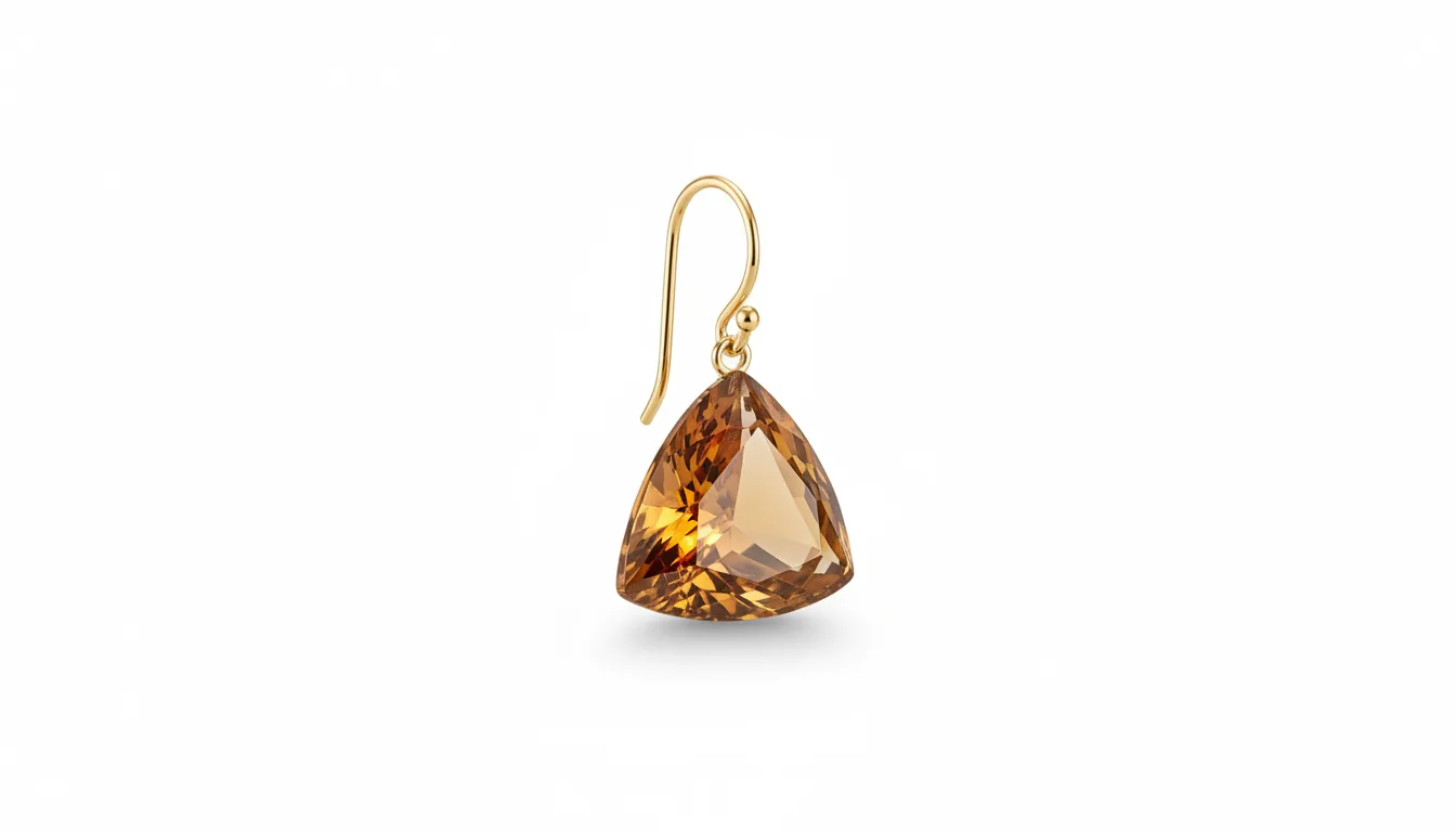 The Earring, a topaz gem on a gold wire, photographed at a three-quarter angle